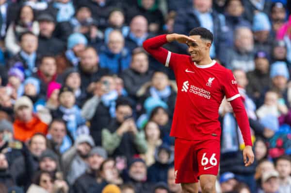 MANCHESTER, ENGLAND - Saturday, November 25, 2023: Liverpool's Trent Alexander-Arnold celebrates after scoring the first equalising goal during the FA Premier League match between Manchester City FC and Liverpool FC at the City of Manchester Stadium. (Photo by David Rawcliffe/Propaganda)