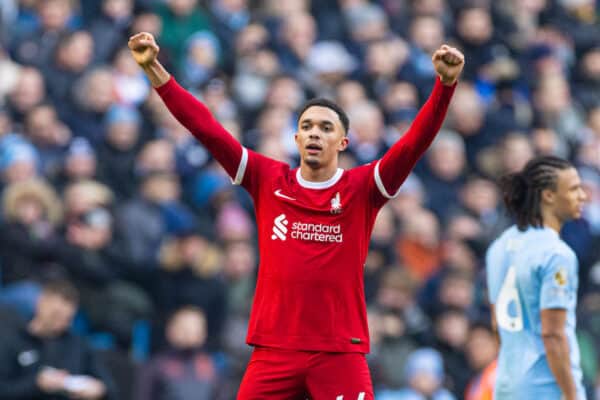 MANCHESTER, ENGLAND - Saturday, November 25, 2023: Liverpool's Trent Alexander-Arnold celebrates after scoring the first equalising goal during the FA Premier League match between Manchester City FC and Liverpool FC at the City of Manchester Stadium. (Photo by David Rawcliffe/Propaganda)