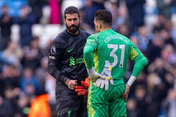 MANCHESTER, ENGLAND - Saturday, November 25, 2023: Liverpool's goalkeeper Alisson Becker (L) and Brazil international team-mate Manchester City's goalkeeper Ederson Santana de Moraes after the FA Premier League match between Manchester City FC and Liverpool FC at the City of Manchester Stadium. (Photo by David Rawcliffe/Propaganda)