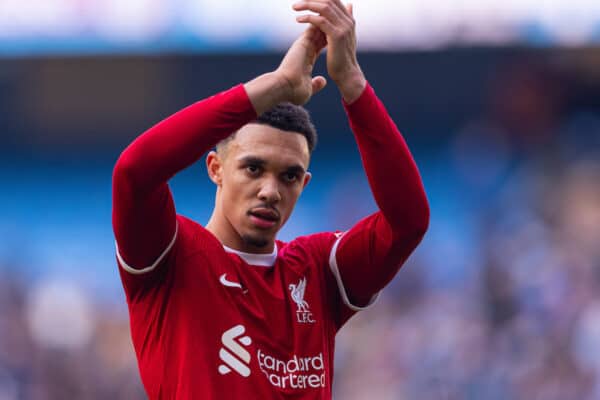 MANCHESTER, ENGLAND - Saturday, November 25, 2023: Liverpool's goal-scorer Trent Alexander-Arnold applauds the supporters after the FA Premier League match between Manchester City FC and Liverpool FC at the City of Manchester Stadium. (Photo by David Rawcliffe/Propaganda)