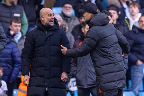 MANCHESTER, ENGLAND - Saturday, November 25, 2023: Manchester City's manager Josep 'Pep' Guardiola (L) and Liverpool's manager Jürgen Klopp speak after the FA Premier League match between Manchester City FC and Liverpool FC at the City of Manchester Stadium. (Photo by David Rawcliffe/Propaganda)