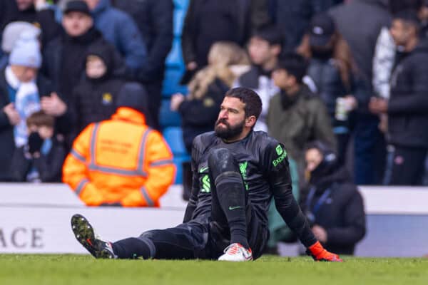 MANCHESTER, ENGLAND - Saturday, November 25, 2023: Liverpool's goalkeeper Alisson Becker at the final whistle during the FA Premier League match between Manchester City FC and Liverpool FC at the City of Manchester Stadium. (Photo by David Rawcliffe/Propaganda)