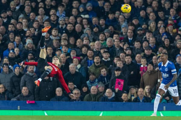 LIVERPOOL, ENGLAND - Sunday, November 26, 2023: Manchester United's Alejandro Garnacho scores the first goal during the FA Premier League match between Everton FC and Manchester United FC at Goodison Park. (Photo by David Rawcliffe/Propaganda)