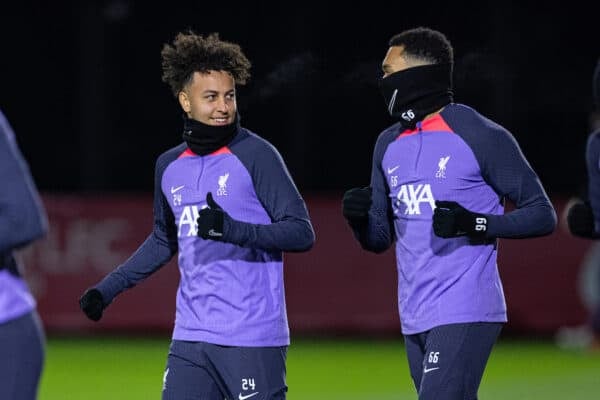 LIVERPOOL, ENGLAND - Wednesday, November 29, 2023: Liverpool's Ben Doak (L) and Trent Alexander-Arnold (R) during a training session at the AXA Training Centre ahead of the UEFA Europa League Group E match between Liverpool FC and LASK. (Photo by David Rawcliffe/Propaganda)