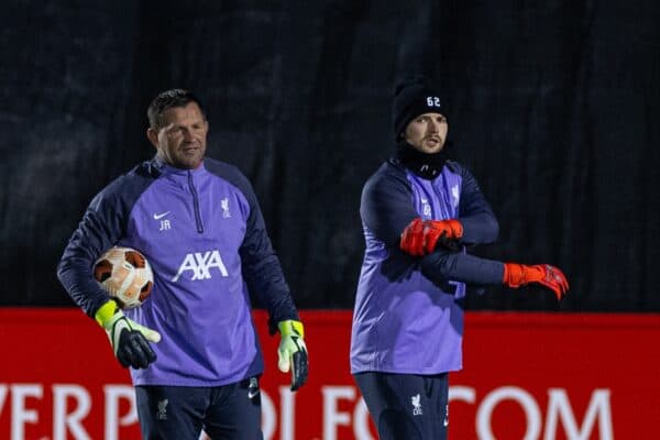 LIVERPOOL, ENGLAND - Wednesday, November 29, 2023: Liverpool's goalkeeper Caoimhin Kelleher (R) and goalkeeping coach John Achterberg during a training session at the AXA Training Centre ahead of the UEFA Europa League Group E match between Liverpool FC and LASK. (Photo by David Rawcliffe/Propaganda)