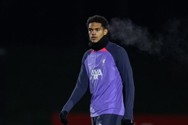 LIVERPOOL, ENGLAND - Wednesday, November 29, 2023: Liverpool's Jarell Quansah during a training session at the AXA Training Centre ahead of the UEFA Europa League Group E match between Liverpool FC and LASK. (Photo by David Rawcliffe/Propaganda)