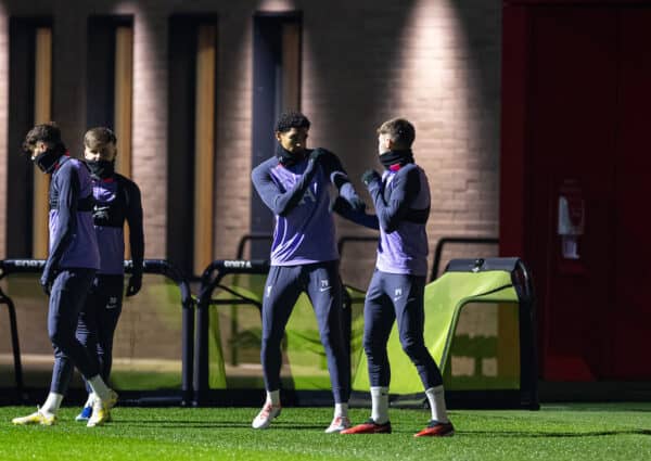 LIVERPOOL, ENGLAND - Wednesday, November 29, 2023: Liverpool's Jarell Quansah (L) and Conor Bradley (R) spa during a training session at the AXA Training Centre ahead of the UEFA Europa League Group E match between Liverpool FC and LASK. (Photo by David Rawcliffe/Propaganda)