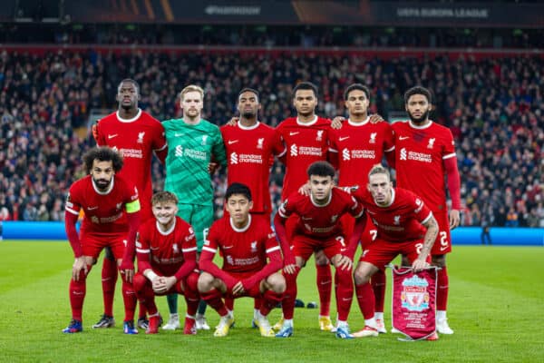 LIVERPOOL, ENGLAND - Thursday, November 30, 2023: Liverpool players line-up for a team group photograph before during the UEFA Europa League Group E matchday 5 game between Liverpool FC and LASK at Anfield. Back row L-R: Ibrahima Konaté, goalkeeper Caoimhin Kelleher, Fábio Carvalho, Cody Gakpo, Jarell Quansah, Joe Gomez. Front row L-R: Mohamed Salah, Harvey Elliott, Wataru Endo, Luis Díaz, Kostas Tsimikas. (Photo by David Rawcliffe/Propaganda)