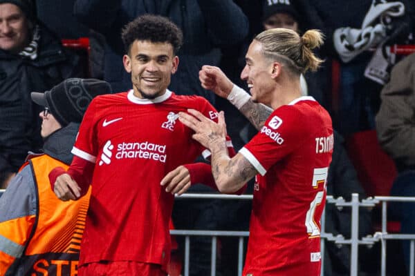 LIVERPOOL, ENGLAND - Thursday, November 30, 2023: Liverpool's Luis Díaz celebrates after scoring the opening goal during the UEFA Europa League Group E matchday 5 game between Liverpool FC and LASK at Anfield. (Photo by David Rawcliffe/Propaganda)