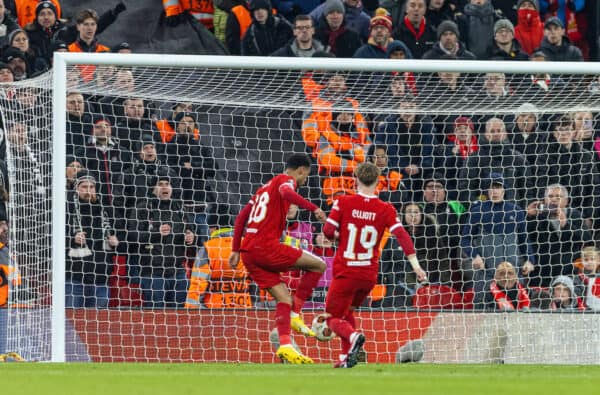 LIVERPOOL, ENGLAND - Thursday, November 30, 2023: Liverpool's Cody Gakpo scores the second goal during the UEFA Europa League Group E matchday 5 game between Liverpool FC and LASK at Anfield. (Photo by David Rawcliffe/Propaganda)