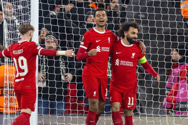 LIVERPOOL, ENGLAND - Thursday, November 30, 2023: Liverpool's Cody Gakpo (L) celebrates with team-mate captain Mohamed Salah after scoring the second goal during the UEFA Europa League Group E matchday 5 game between Liverpool FC and LASK at Anfield. (Photo by David Rawcliffe/Propaganda)