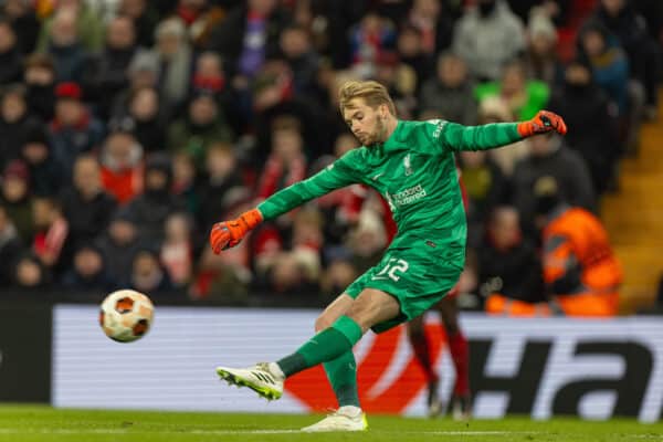 LIVERPOOL, ENGLAND - Thursday, November 30, 2023: Liverpool's goalkeeper Caoimhin Kelleher during the UEFA Europa League Group E matchday 5 game between Liverpool FC and LASK at Anfield. (Photo by David Rawcliffe/Propaganda)
