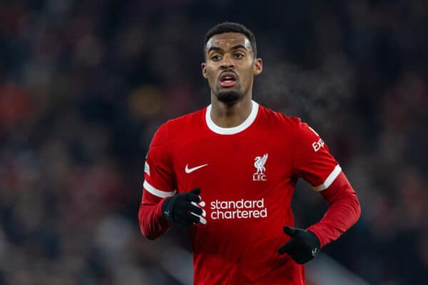 LIVERPOOL, ENGLAND - Thursday, November 30, 2023: Liverpool's Ryan Gravenberch during the UEFA Europa League Group E matchday 5 game between Liverpool FC and LASK at Anfield. (Photo by David Rawcliffe/Propaganda)