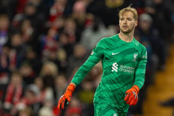 LIVERPOOL, ENGLAND - Thursday, November 30, 2023: Liverpool's goalkeeper Caoimhin Kelleher during the UEFA Europa League Group E matchday 5 game between Liverpool FC and LASK at Anfield. (Photo by David Rawcliffe/Propaganda)