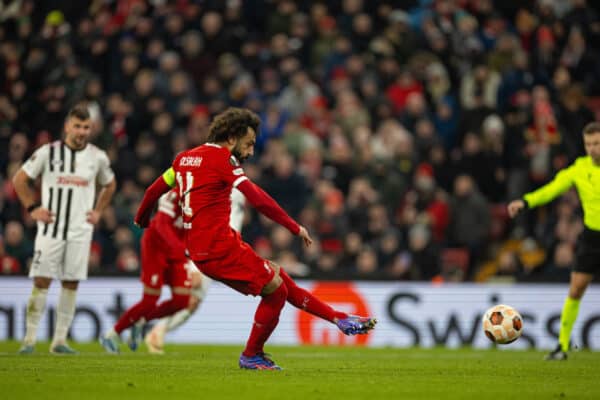 LIVERPOOL, ENGLAND - Thursday, November 30, 2023: Liverpool's captain Mohamed Salah scores the third goal from a penalty kick during the UEFA Europa League Group E matchday 5 game between Liverpool FC and LASK at Anfield. (Photo by David Rawcliffe/Propaganda)