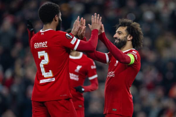 LIVERPOOL, ENGLAND - Thursday, November 30, 2023: Liverpool's captain Mohamed Salah (R) celebrates after scoring the third goal from a penalty kick during the UEFA Europa League Group E matchday 5 game between Liverpool FC and LASK at Anfield. (Photo by David Rawcliffe/Propaganda)