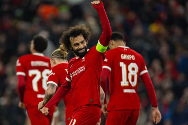 LIVERPOOL, ENGLAND - Thursday, November 30, 2023: Liverpool's captain Mohamed Salah celebrates after scoring the third goal from a penalty kick during the UEFA Europa League Group E matchday 5 game between Liverpool FC and LASK at Anfield. (Photo by David Rawcliffe/Propaganda)