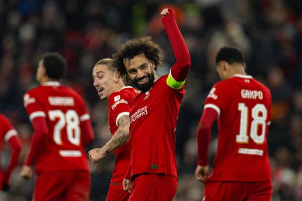 LIVERPOOL, ENGLAND - Thursday, November 30, 2023: Liverpool's captain Mohamed Salah celebrates after scoring the third goal from a penalty kick during the UEFA Europa League Group E matchday 5 game between Liverpool FC and LASK at Anfield. (Photo by David Rawcliffe/Propaganda)