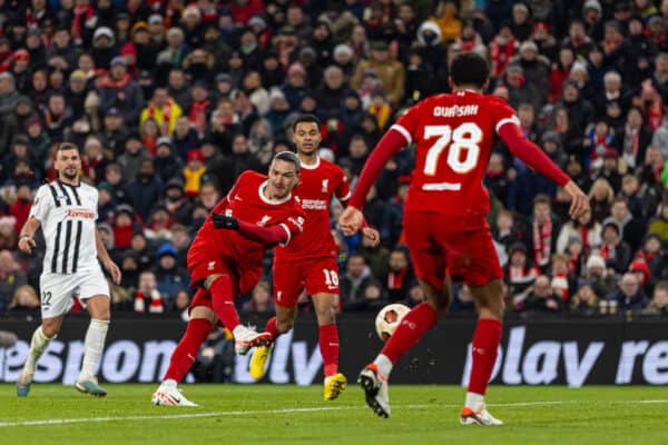 LIVERPOOL, ENGLAND - Thursday, November 30, 2023: Liverpool's Darwin Núñez sees his shot saved during the UEFA Europa League Group E matchday 5 game between Liverpool FC and LASK at Anfield. (Photo by David Rawcliffe/Propaganda)
