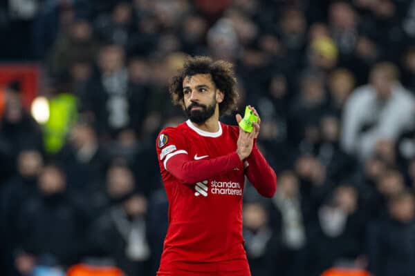 LIVERPOOL, ENGLAND - Thursday, November 30, 2023: Liverpool's Mohamed Salah applauds the supporters as he substituted during the UEFA Europa League Group E matchday 5 game between Liverpool FC and LASK at Anfield. (Photo by David Rawcliffe/Propaganda)