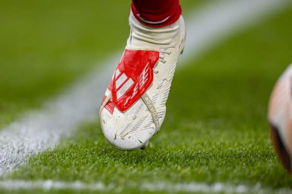 LIVERPOOL, ENGLAND - Thursday, November 30, 2023: The Adidas Predator boot of Liverpool's captain Trent Alexander-Arnold during the UEFA Europa League Group E matchday 5 game between Liverpool FC and LASK at Anfield. (Photo by David Rawcliffe/Propaganda)