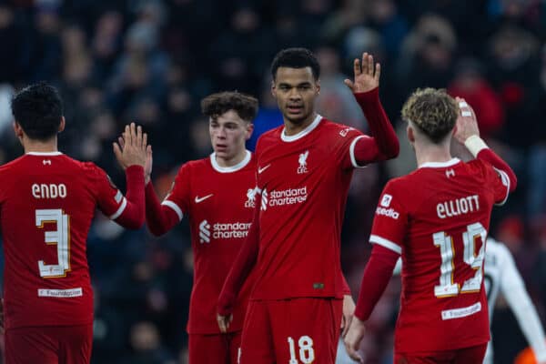 LIVERPOOL, ENGLAND - Thursday, November 30, 2023: Liverpool's Cody Gakpo (2nd from R) celebrates after scoring the fourth goal during the UEFA Europa League Group E matchday 5 game between Liverpool FC and LASK at Anfield. (Photo by David Rawcliffe/Propaganda)