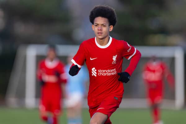 MANCHESTER, ENGLAND - Saturday, December 2, 2023: Liverpool's substitute Josu Sonni-Lambie during the Under-18 Premier League match between Liverpool FC Under-18's and Manchester City FC Under-18's at the Etihad Campus. (Photo by David Rawcliffe/Propaganda)