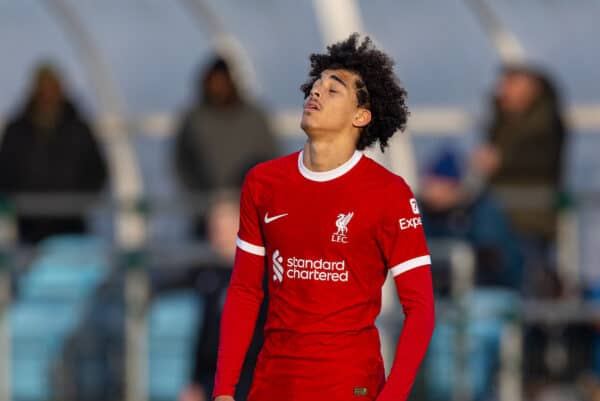 MANCHESTER, ENGLAND - Saturday, December 2, 2023: Liverpool's Jayden Danns looks dejected during the Under-18 Premier League match between Liverpool FC Under-18's and Manchester City FC Under-18's at the Etihad Campus. (Photo by David Rawcliffe/Propaganda)