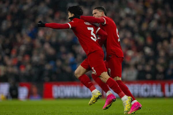 LIVERPOOL, ENGLAND - Sunday, December 3, 2023: Liverpool's Wataru Endo (L) celebrates with team-mate Darwin Núñez after scoring the third goal to equalise and level the score at 3-3 during the FA Premier League match between Liverpool FC and Fulham FC at Anfield. Liverpol won 4-3. (Photo by David Rawcliffe/Propaganda)