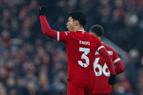 LIVERPOOL, ENGLAND - Sunday, December 3, 2023: Liverpool's Wataru Endo celebrates after scoring the third goal to equalise and level the score at 3-3 during the FA Premier League match between Liverpool FC and Fulham FC at Anfield. Liverpol won 4-3. (Photo by David Rawcliffe/Propaganda)