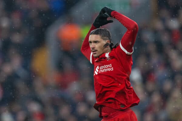 LIVERPOOL, ENGLAND - Sunday, December 3, 2023: Liverpool's Darwin Núñez, wearing braided pony tails during the FA Premier League match between Liverpool FC and Fulham FC at Anfield. (Photo by David Rawcliffe/Propaganda)