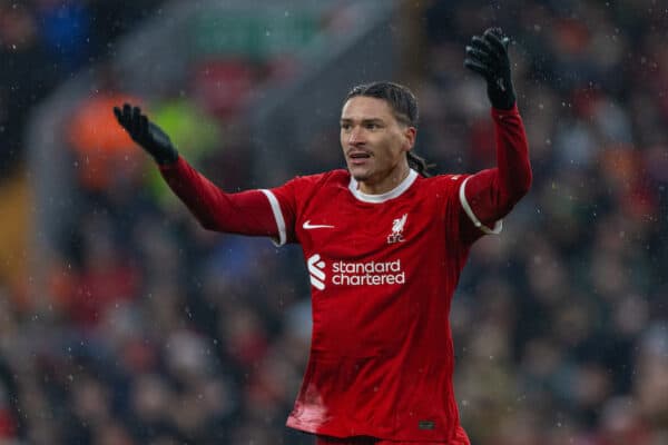 LIVERPOOL, ENGLAND - Sunday, December 3, 2023: Liverpool's Darwin Núñez, wearing braided pony tails during the FA Premier League match between Liverpool FC and Fulham FC at Anfield. (Photo by David Rawcliffe/Propaganda)