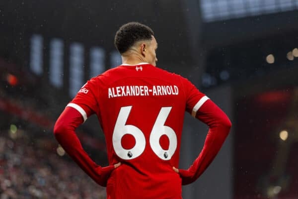 LIVERPOOL, ENGLAND - Sunday, December 3, 2023: Liverpool's Trent Alexander-Arnold during the FA Premier League match between Liverpool FC and Fulham FC at Anfield. (Photo by David Rawcliffe/Propaganda)