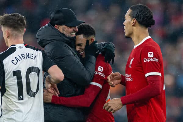 LIVERPOOL, ENGLAND - Sunday, December 3, 2023: Liverpool's manager Jürgen Klopp (L) celebrates with Trent Alexander-Arnold (C) and captain Virgil van Dijk (R) after the FA Premier League match between Liverpool FC and Fulham FC at Anfield. (Photo by David Rawcliffe/Propaganda)