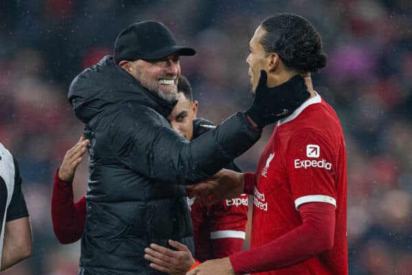 LIVERPOOL, ENGLAND - Sunday, December 3, 2023: Liverpool's manager Jürgen Klopp (L) celebrates with Trent Alexander-Arnold (C) and captain Virgil van Dijk (R) after the FA Premier League match between Liverpool FC and Fulham FC at Anfield. (Photo by David Rawcliffe/Propaganda)