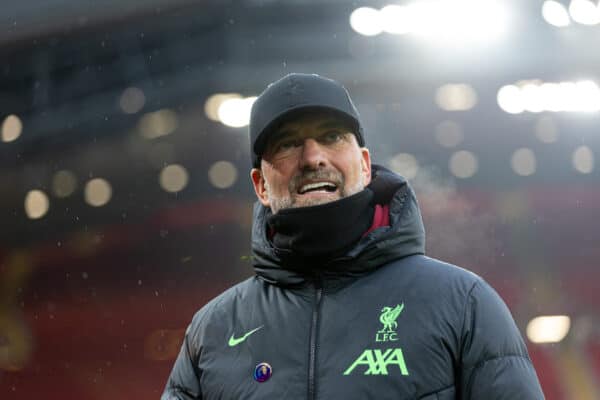 LIVERPOOL, ENGLAND - Sunday, December 3, 2023: Liverpool's manager Jürgen Klopp before the FA Premier League match between Liverpool FC and Fulham FC at Anfield. (Photo by David Rawcliffe/Propaganda)