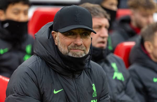 LIVERPOOL, ENGLAND - Sunday, December 3, 2023: Liverpool's manager Jürgen Klopp before the FA Premier League match between Liverpool FC and Fulham FC at Anfield. (Photo by David Rawcliffe/Propaganda)