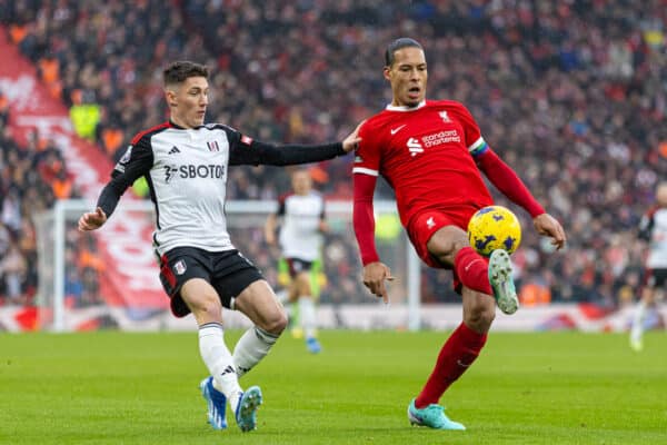 LIVERPOOL, ENGLAND - Sunday, December 3, 2023: Liverpool's captain Virgil van Dijk (R) and Fulham's Harry Wilson during the FA Premier League match between Liverpool FC and Fulham FC at Anfield. (Photo by David Rawcliffe/Propaganda)