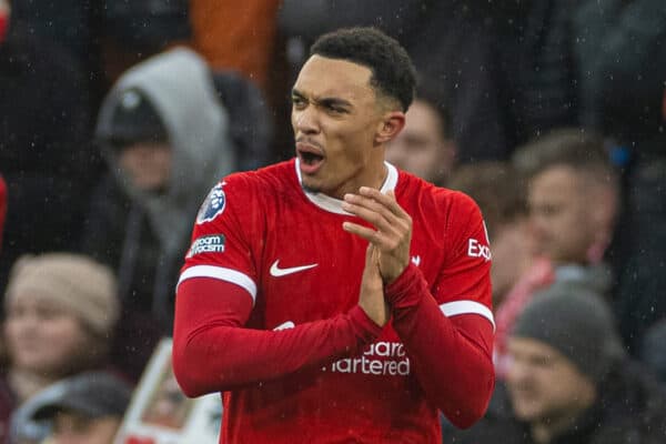 LIVERPOOL, ENGLAND - Sunday, December 3, 2023: Liverpool's Trent Alexander-Arnold celebrates after scoring the first goal during the FA Premier League match between Liverpool FC and Fulham FC at Anfield. (Photo by David Rawcliffe/Propaganda)