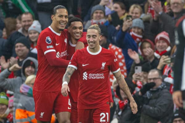 LIVERPOOL, ENGLAND - Sunday, December 3, 2023: Liverpool's Trent Alexander-Arnold (C) celebrates with team-mate captain Virgil van Dijk (L) after scoring the first goal during the FA Premier League match between Liverpool FC and Fulham FC at Anfield. (Photo by David Rawcliffe/Propaganda)