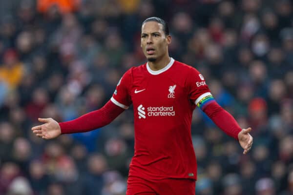 LIVERPOOL, ENGLAND - Sunday, December 3, 2023: Liverpool's captain Virgil van Dijk during the FA Premier League match between Liverpool FC and Fulham FC at Anfield. (Photo by David Rawcliffe/Propaganda)