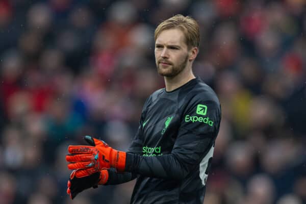 LIVERPOOL, ENGLAND - Sunday, December 3, 2023: Liverpool's goalkeeper Caoimhin Kelleher during the FA Premier League match between Liverpool FC and Fulham FC at Anfield. (Photo by David Rawcliffe/Propaganda)