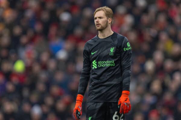 LIVERPOOL, ENGLAND - Sunday, December 3, 2023: Liverpool's goalkeeper Caoimhin Kelleher during the FA Premier League match between Liverpool FC and Fulham FC at Anfield. (Photo by David Rawcliffe/Propaganda)