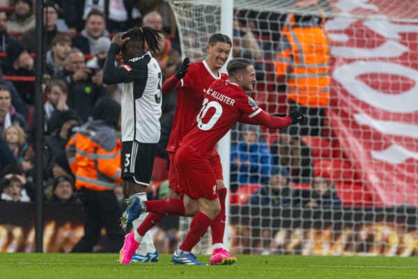 LIVERPOOL, ENGLAND - Sunday, December 3, 2023: Liverpool's Alexis Mac Allister (R) celebrates with team-mate Darwin Núñez after scoring the second goal during the FA Premier League match between Liverpool FC and Fulham FC at Anfield. (Photo by David Rawcliffe/Propaganda)