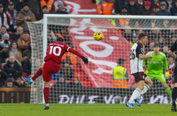 LIVERPOOL, ENGLAND - Sunday, December 3, 2023: Liverpool's Alexis Mac Allister scores the second goal during the FA Premier League match between Liverpool FC and Fulham FC at Anfield. (Photo by David Rawcliffe/Propaganda)