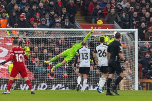 LIVERPOOL, ENGLAND - Sunday, December 3, 2023: Liverpool's Alexis Mac Allister (L) scores the second goal during the FA Premier League match between Liverpool FC and Fulham FC at Anfield. (Photo by David Rawcliffe/Propaganda)