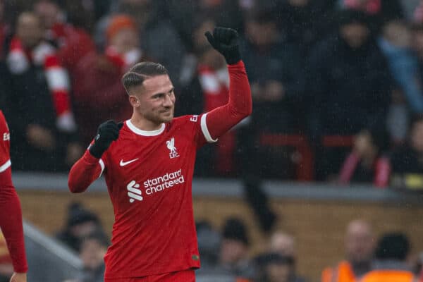 LIVERPOOL, ENGLAND - Sunday, December 3, 2023: Liverpool's Alexis Mac Allister celebrates after scoring the second goal during the FA Premier League match between Liverpool FC and Fulham FC at Anfield. (Photo by David Rawcliffe/Propaganda)