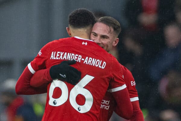 LIVERPOOL, ENGLAND - Sunday, December 3, 2023: Liverpool's Alexis Mac Allister (R) celebrates with team-mate Trent Alexander-Arnold after scoring the second goal during the FA Premier League match between Liverpool FC and Fulham FC at Anfield. (Photo by David Rawcliffe/Propaganda)