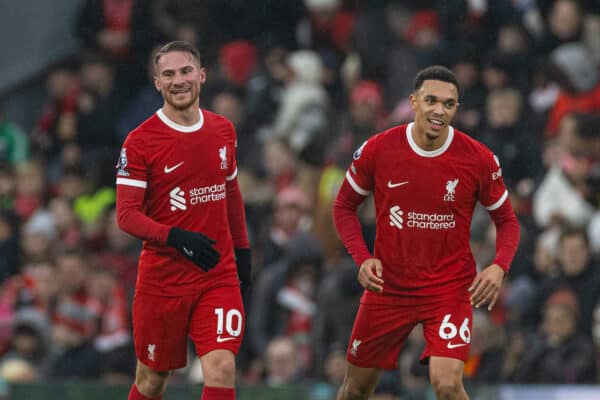 LIVERPOOL, ENGLAND - Sunday, December 3, 2023: Liverpool's Alexis Mac Allister (L) celebrates with team-mate Trent Alexander-Arnold after scoring the second goal during the FA Premier League match between Liverpool FC and Fulham FC at Anfield. (Photo by David Rawcliffe/Propaganda)