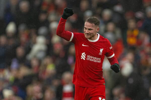 LIVERPOOL, ENGLAND - Sunday, December 3, 2023: Liverpool's Alexis Mac Allister celebrates after scoring the second goal during the FA Premier League match between Liverpool FC and Fulham FC at Anfield. (Photo by David Rawcliffe/Propaganda)